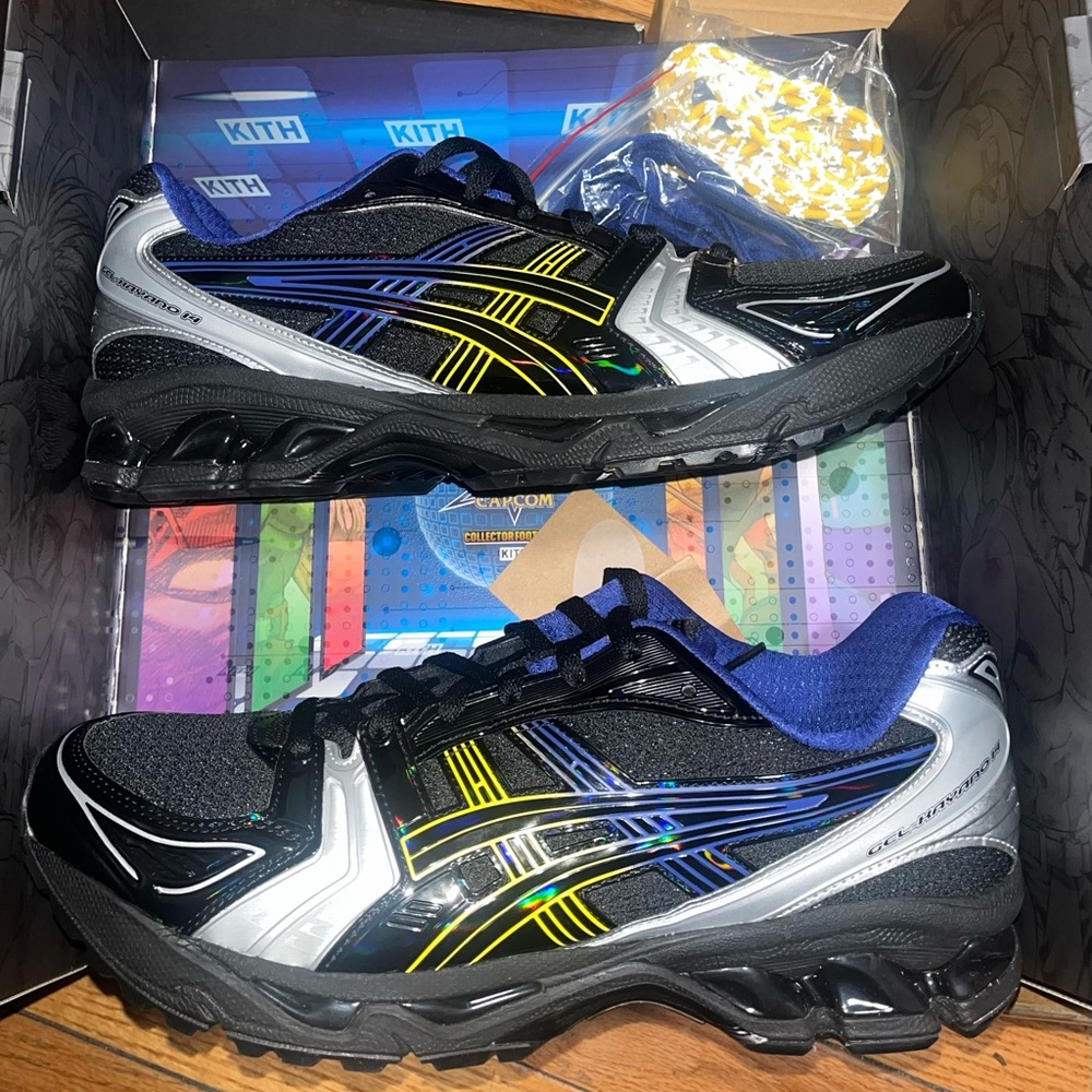 ASICS Men's Black and Silver Sneakers with Yellow Accents marvel KitH sneaker